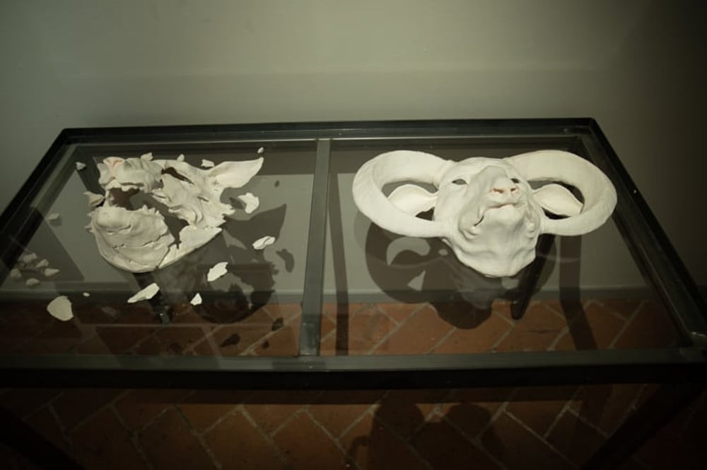 Ett glasbord toppat med två vita djurhuvuden.
