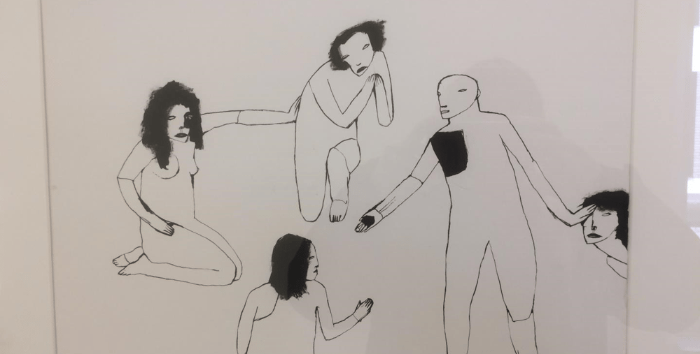 En svartvit teckning av människor som håller varandra i handen.