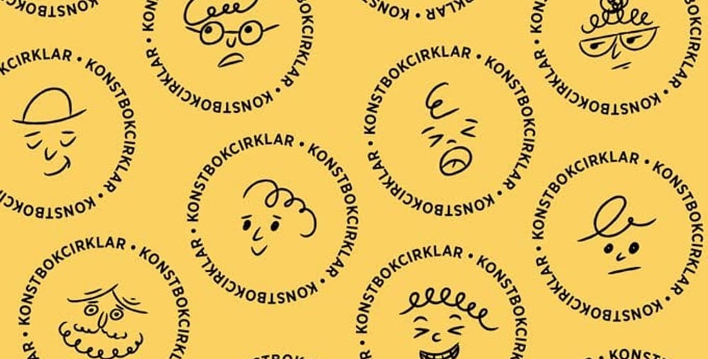 Grafisk bild med en gul bakgrund och text i cirklar och olika symboler