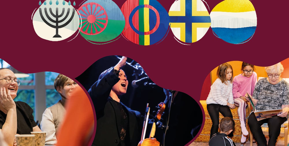 Ett collage av foton på människor vid ett bord, i ett bibliotek och en sångerska vid en konsert. 
