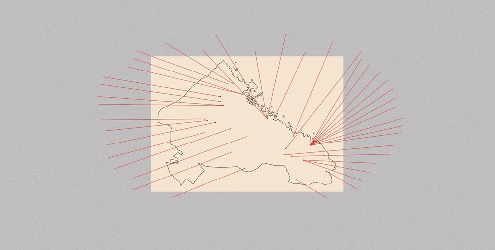 Illustration Gävleborgs län liggande med röda streck för överallt där det finns rum för konst.