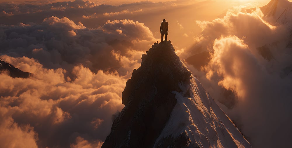 En person står på en bergstopp och blickar ut över landskapet i solnedgången.