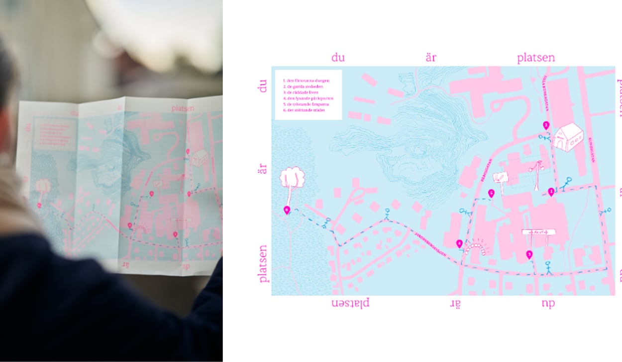 Halva bilden till vänster består av en person som tittar på en karta. Högra halvan visar karta som tillhör ljudverket Du är platsen, platsen är du av Hanna Wildow.