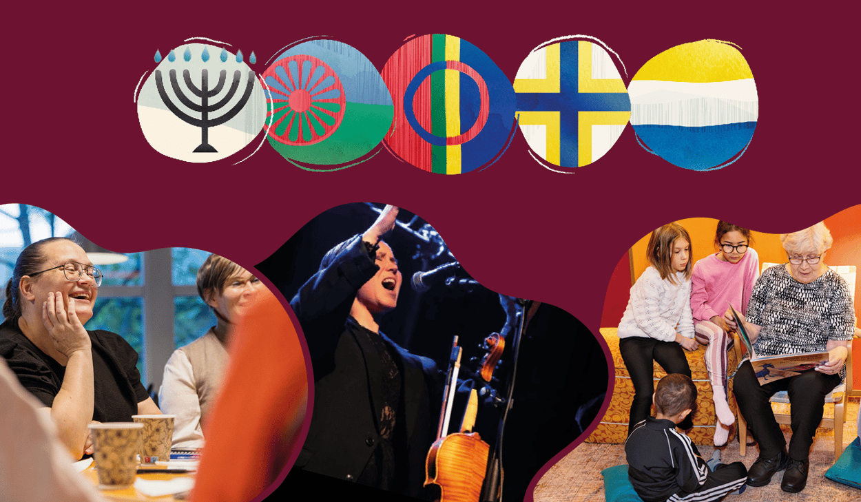 Ett collage av foton på människor vid ett bord, i ett bibliotek och en sångerska vid en konsert. 
