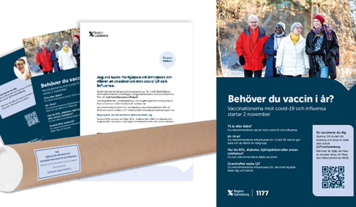 En broschyr med en bild på en grupp människor. Affischer med text och bild på människor, framför ligger ett affischrör.