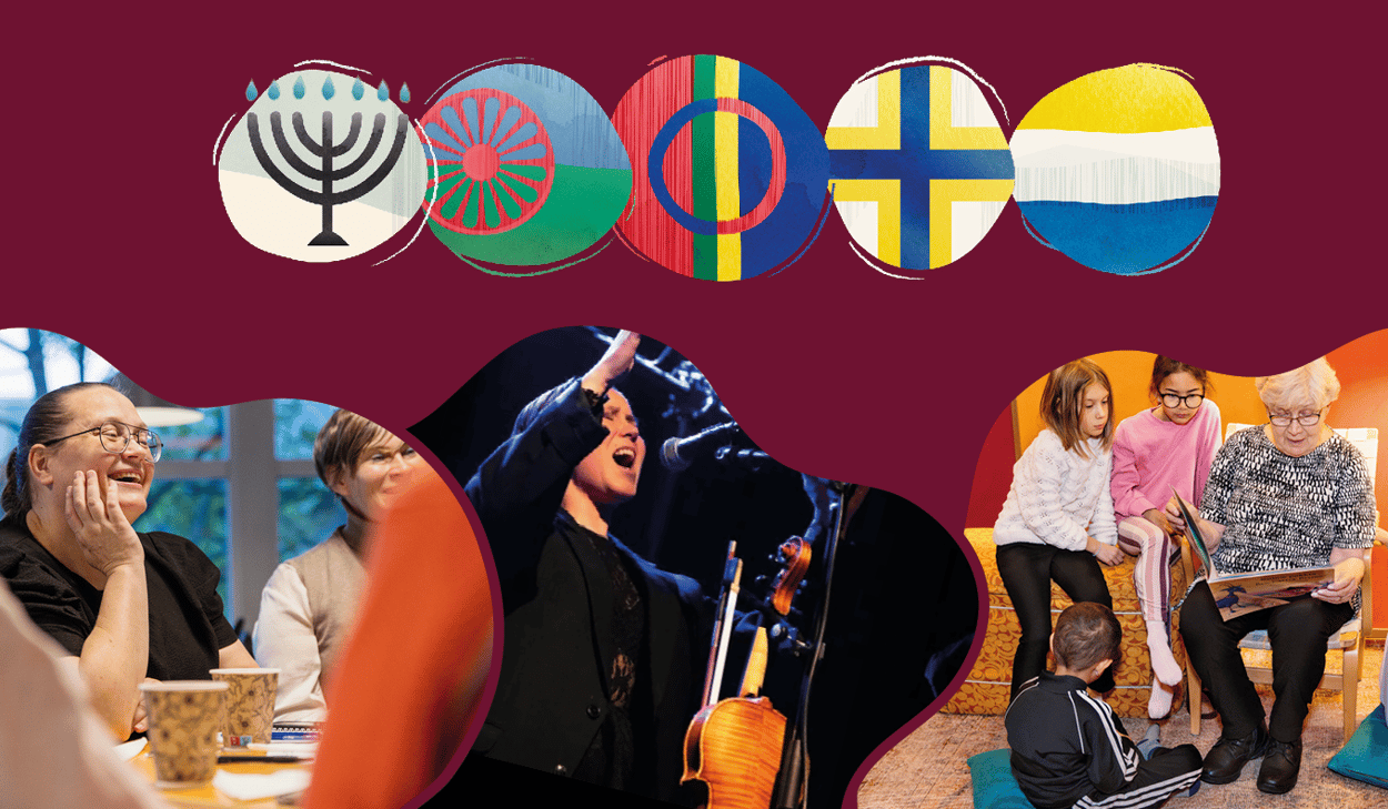 Ett collage av foton på människor vid ett bord, i ett bibliotek och en sångerska vid en konsert. 