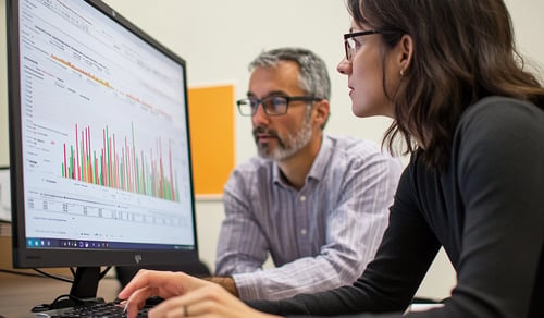 AI-genererad bild
Två personer tittar på en datorskärm som visar ett diagram med staplar och data. Den ena personen skriver på tangentbordet, och båda verkar fokuserade på informationen.