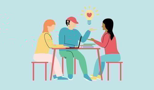 Illustration av tre personer som sitter vid ett bord och samarbetar. En person använder en bärbar dator, medan de andra två deltar i samtalet. Ovanför bordet syns en glödlampa med ett hjärta i mitten, som en symbol för idéer och kreativt samarbete.