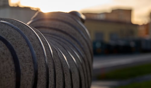 Granitskulptur i form av ett får i stadsmiljö, fotograferad i motljus.