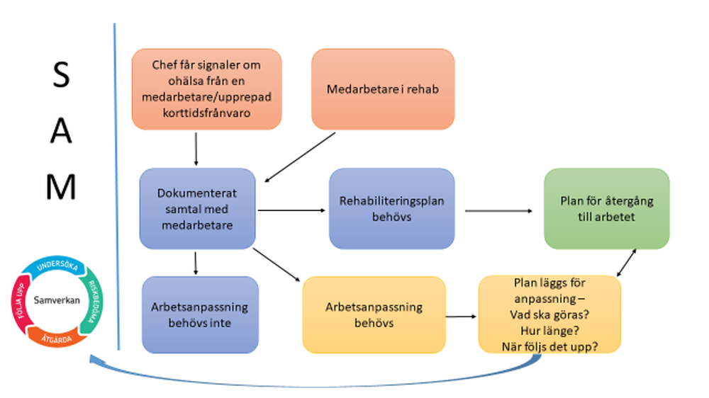 Systematiskt arbetsmiljöarbete: Bilden visar ett flöde vid arbetsanpassning och hur det hänger ihop med det systematiska arbetsmiljöarbetet