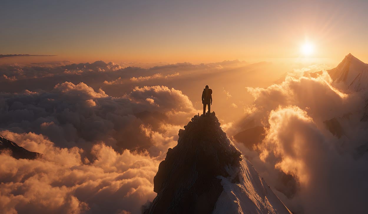 En person står på en bergstopp och blickar ut över landskapet i solnedgången.