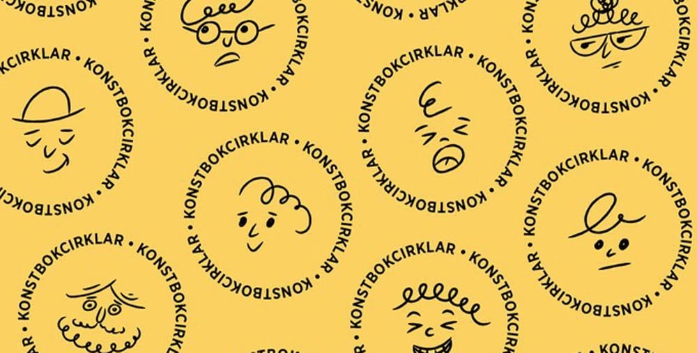 Grafisk bild med en gul bakgrund och text i cirklar och olika symboler