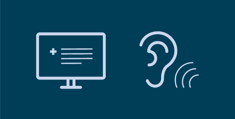 Illustration av ikoner som föreställer datorskärm, ett öra och en symbol för ljudvågor på petrolblå bakgrund