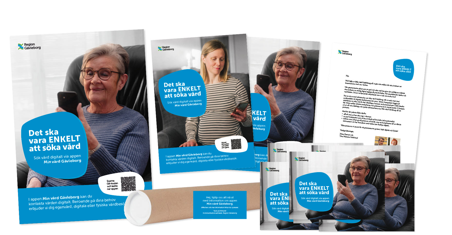 Informationsmaterial till Min vård Gävleborg. Äldre kvinna och gravid kvinna med mobiltelefon – bildcollage