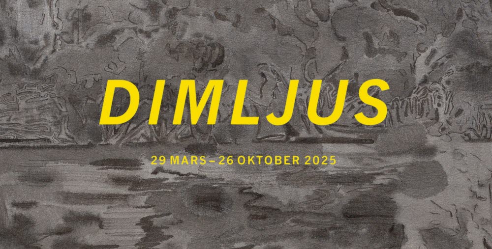 Grå mönstrad bakgrund med texten DIMLJUS  29 MARS – 26 OKTOBER 2025 skrivet i gult