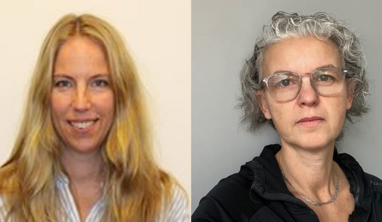 Två porträtt bredvid varandra. Till vänster syns en kvinna med långt, blont hår. Hon ler och har på sig en ljus blus. Till höger syns en kvinna med kort, lockigt grått hår och glasögon.