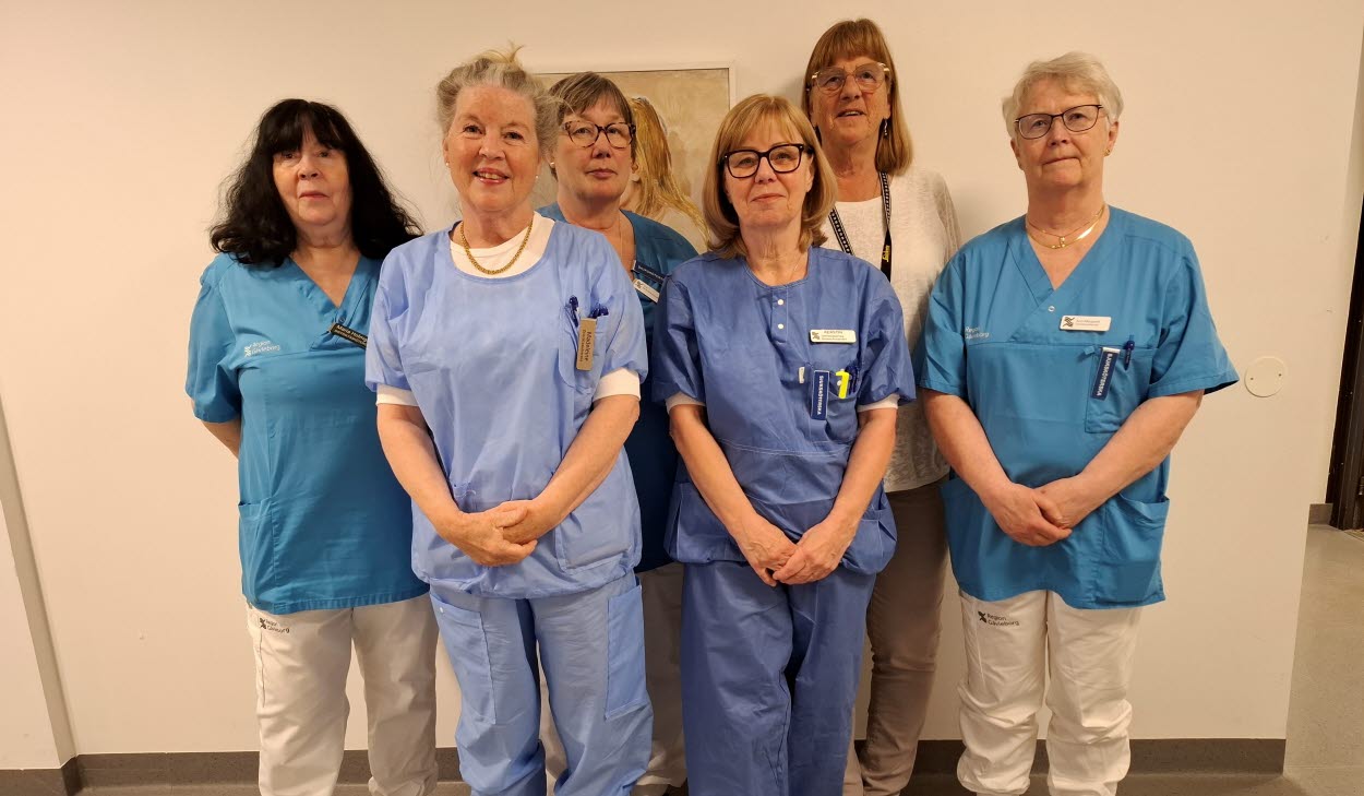 Medarbetare Hudiksvall Din hälsocentral. Från vänster i bild distriktssköterskorna Maria Holmgren, Madeleine Sundfors, Eva Jonsson, Kerstin Svedén, Elisabeth Nilsson, Ann-Margreth Rask.