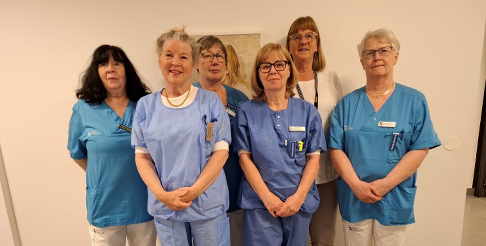 Medarbetare Hudiksvall Din hälsocentral. Från vänster i bild distriktssköterskorna Maria Holmgren, Madeleine Sundfors, Eva Jonsson, Kerstin Svedén, Elisabeth Nilsson, Ann-Margreth Rask.