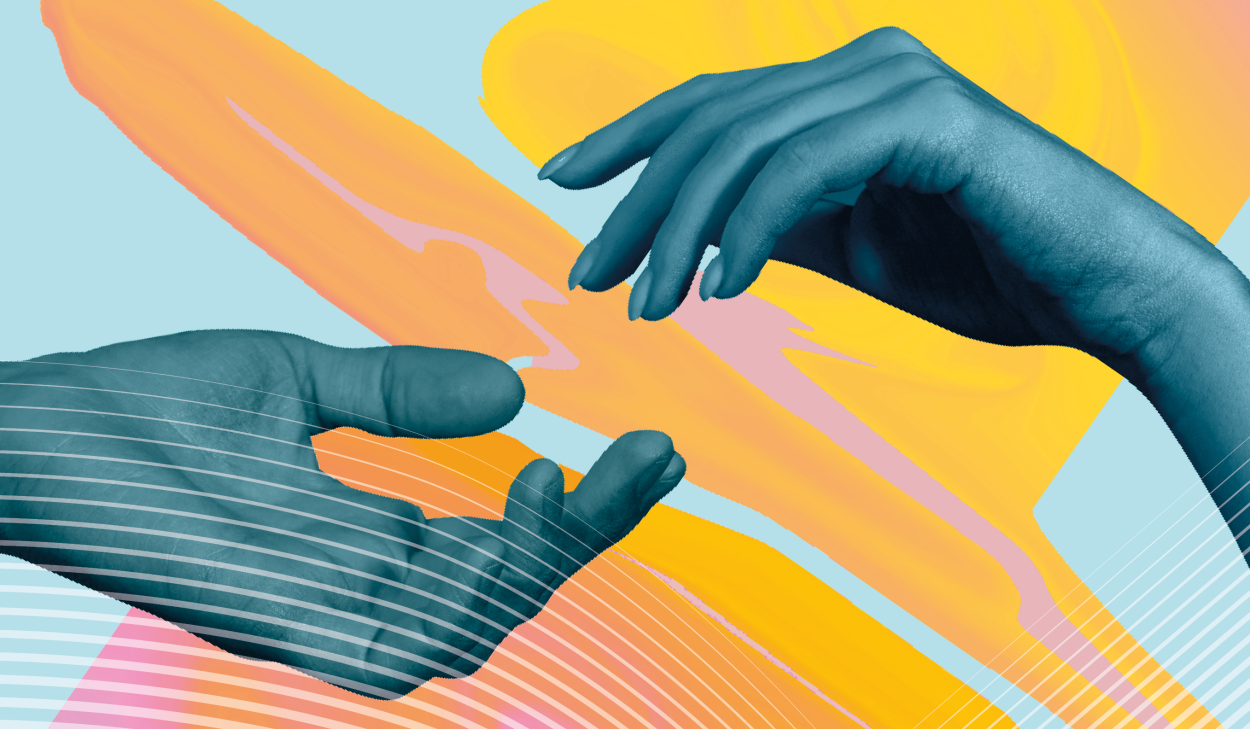 Illustrerad bild av två händer som möts framför en grafisk bakgrund i ljusblått och gula nyanser