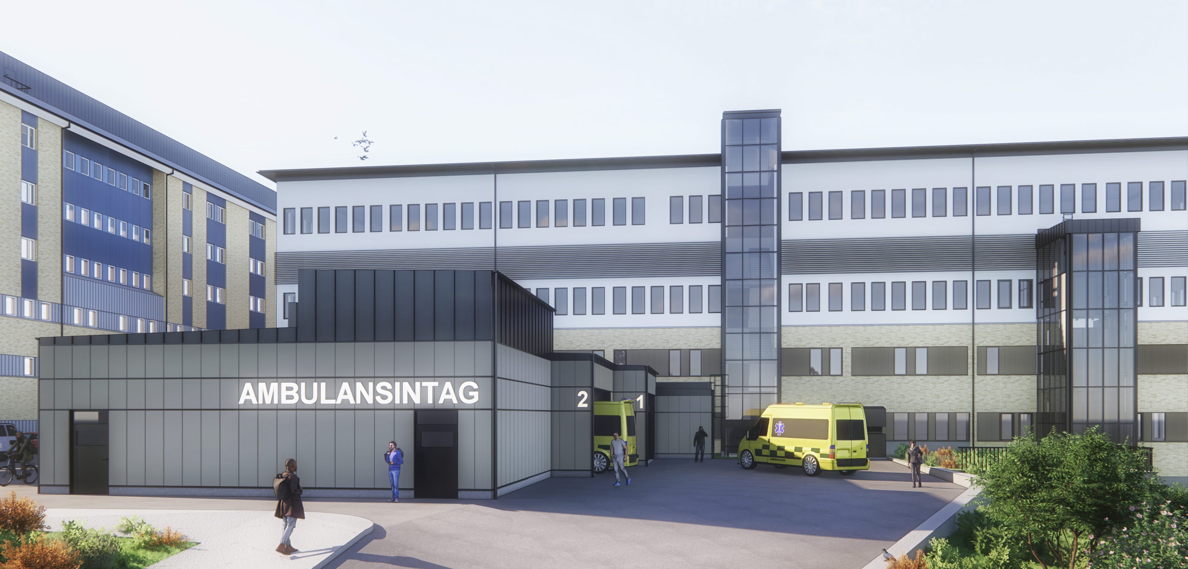 Arkitektskiss av den nya ambulanshallen på Hudiksvalls sjukhus efter ombyggnationerna