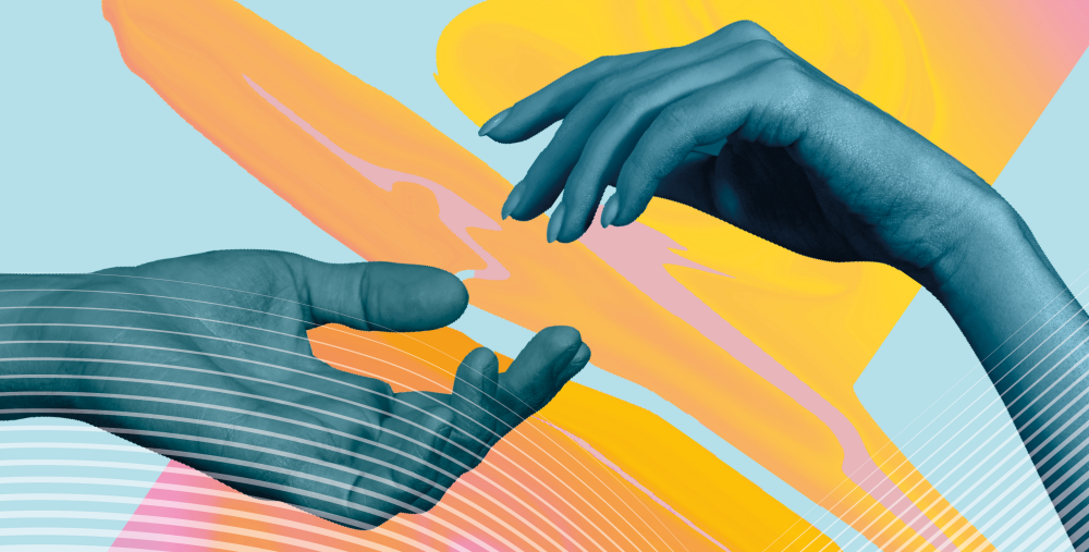 Illustrerad bild av två händer som möts framför en grafisk bakgrund i ljusblått och gula nyanser