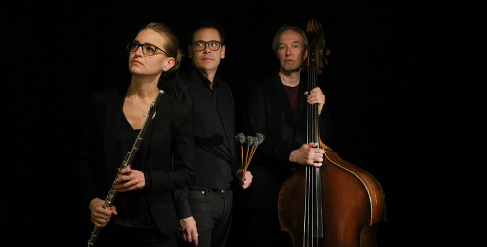 Gruppbild på gruppen Astor with friends. Tre personer stående med sina instrument. 
