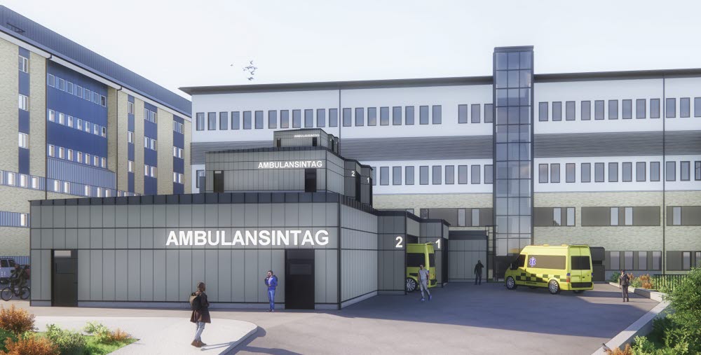 3D-ritning över A Kassens skisspresentation av Ambulanshallen på Hudiksvalls sjukhus.
