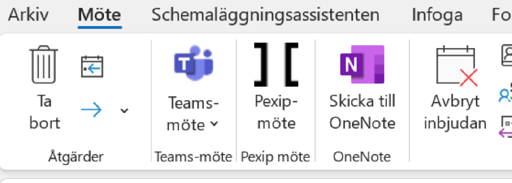 Outlook skapa möte, ikoner Teams, pexip och OneNote