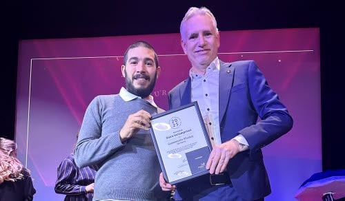 Jürgen Lorenz och Francisco Lozano från  Gammelstilla Whisky  under prisutdelningen av stora turismpriset i Stockholm.
