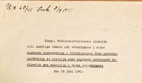Cirkulär från Kungl. Medicinalstyrelsen 1941 som inkommit till provinsialläkare Synnergren i Alfta. Handlingen förvaras i Regionarkivet.