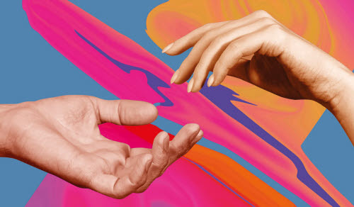 Grafisk bild med två händer mot varandra och en blå/lila/rosa bakgrund