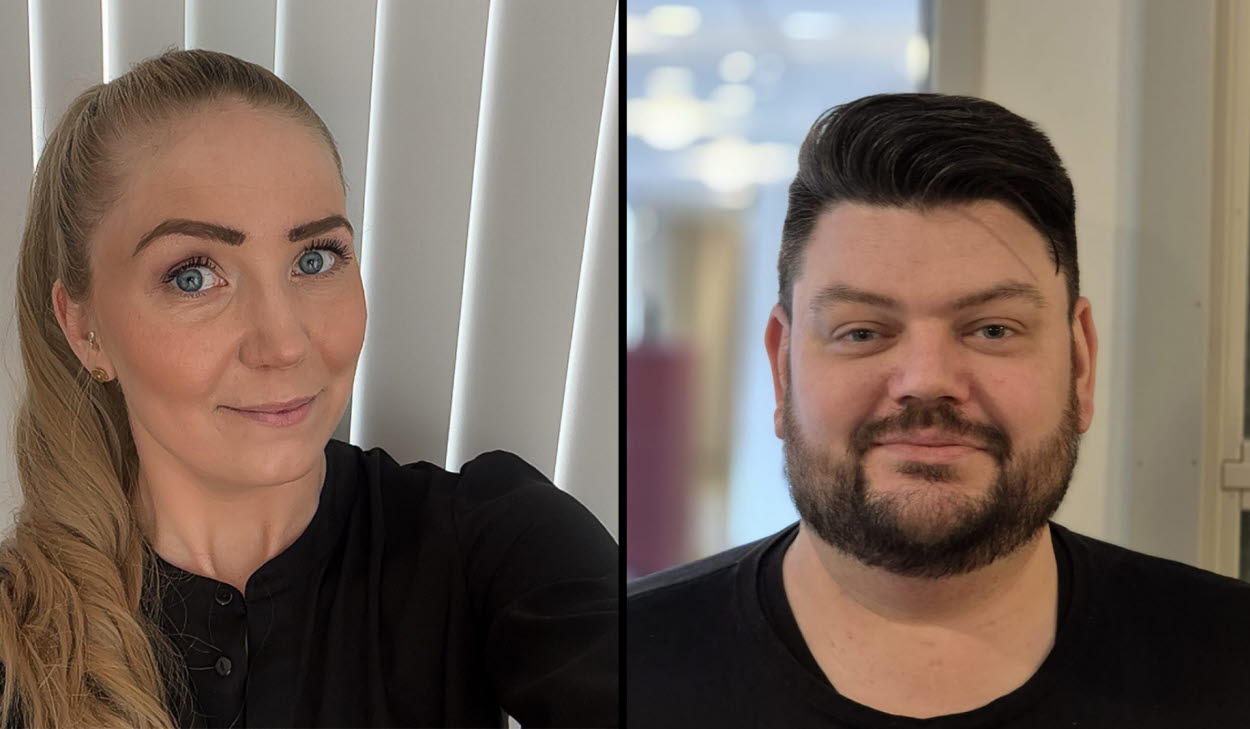 kollage, porträtt på Stina Celander och Johan Persson