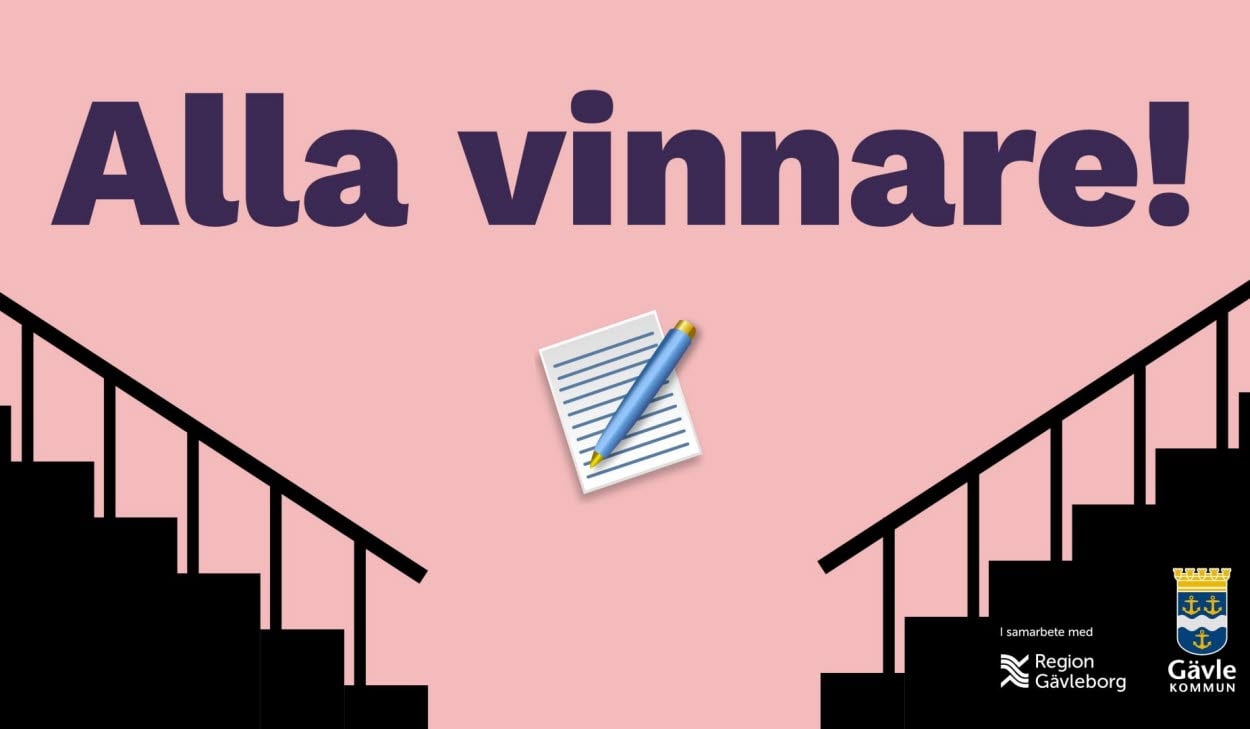 Rosa bakgrund, två svarta trappor illustrerade i varsin sida av bilden, text Alla vinnare högst upp, papper med streck som visar skriven text och en penna i mitten.