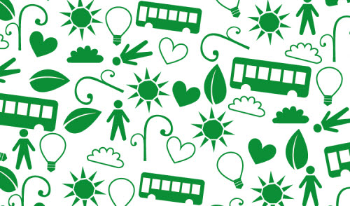 Illustration till miljöpengarna - människor, bussar, träd, hjärtan, lampor